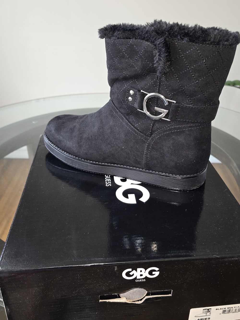 BRAND NEW GUESS Black Quilted Faux-Fur Trim Ankle Boots